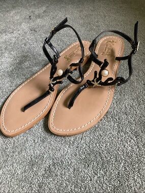 Black Pearl-Embellished T-Strap Women's Sandals
